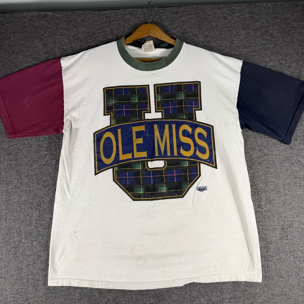 Vintage Red Oak Ole Miss Rebels 90's Color Block T Shirt USA Made Size XL
